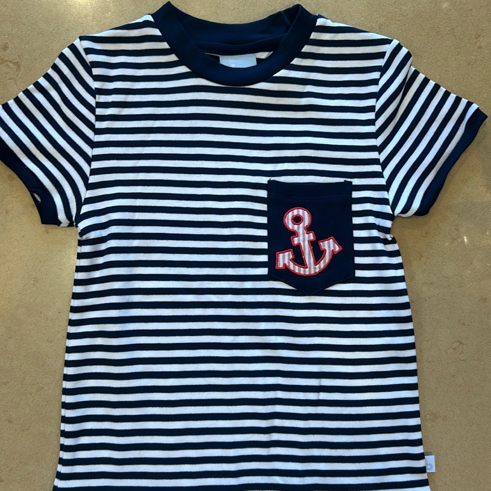Bella Bliss Anchor Nautical Navy Blue White Striped Tee Shirt 3T Pocket